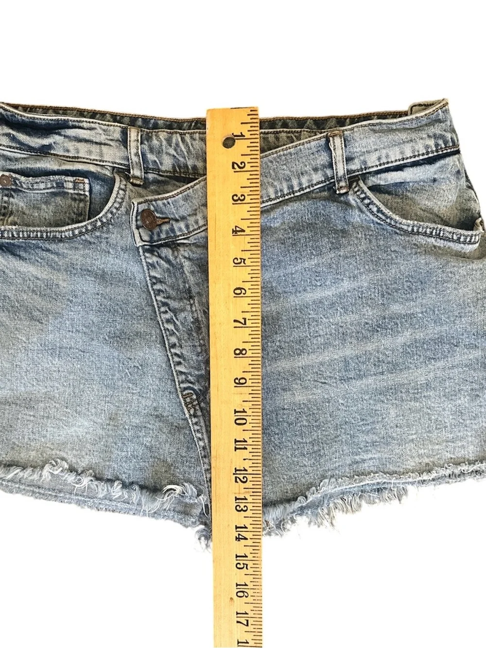 Anthropologie 31 Blue Denim Skort Asymmetric Mini Frayed Raw Hem Pockets Pilcro